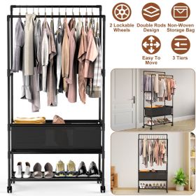 3 Tiered Portable Clothing Rack For Bedroom Entryway Double Hanging Rods Sturdy Iron Garment Rack With Double Hanging Rods Adjustable Storage Bag Quie