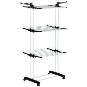 Foldable Clothes Drying Rack, 4-Tier Steel Laundry Rack for Drying Clothes with 2 Side Wings and 4 Castors, Indoor and Outdoor Use, Black